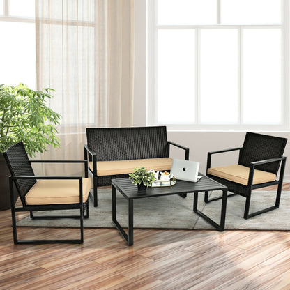 4-Piece Patio Rattan Furniture Set with Seat Cushions and Coffee Table