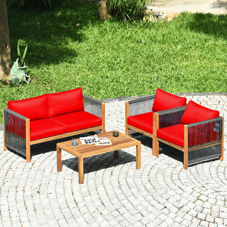 4-Piece Acacia Wood Sofa Set with Cushions for Outdoor Patio