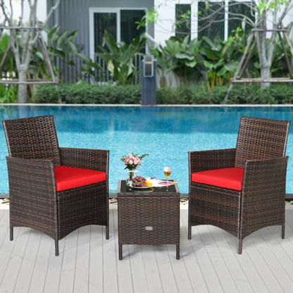 3-Piece Patio Rattan Furniture Set Cushioned Sofa and Glass Tabletop