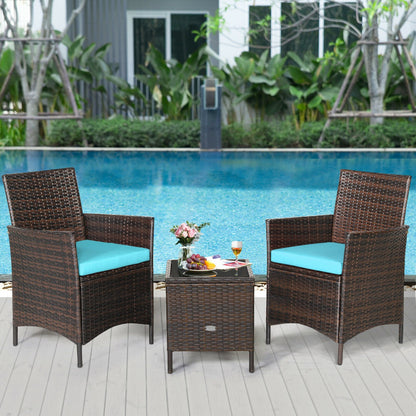 3-Piece Patio Rattan Furniture Set Cushioned Sofa and Glass Tabletop