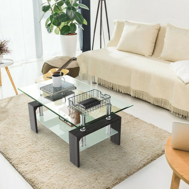 Rectangular Tempered Glass Coffee Table with Shelf