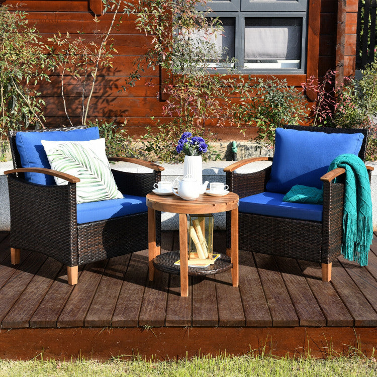 3-Piece Patio Rattan Furniture Set with Washable Cushion and Acacia Wood Tabletop