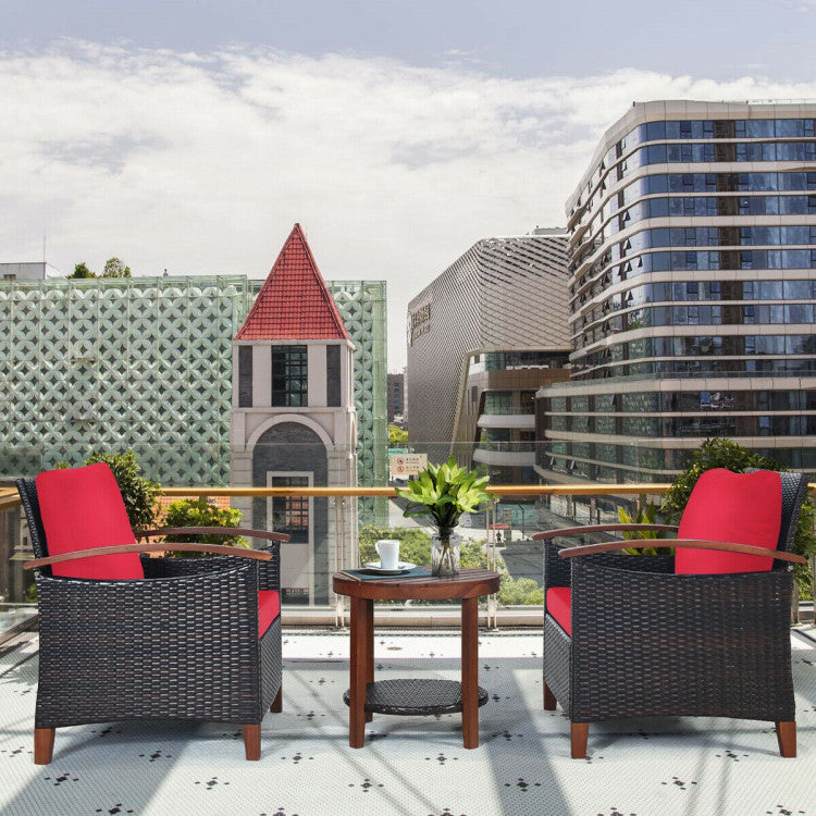 3-Piece Patio Rattan Furniture Set with Washable Cushion and Acacia Wood Tabletop