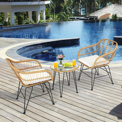 3-Piece Rattan Furniture Set with Cushioned Chair Table