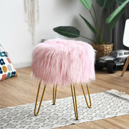 Stylish Round Furry Ottoman Faux Fur Vanity Stool Chair Makeup Stool Furry Padded Seat