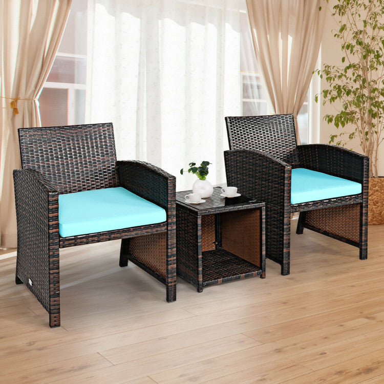 3-Piece PE Rattan Wicker Furniture Set with Cushion Sofa and Coffee Table