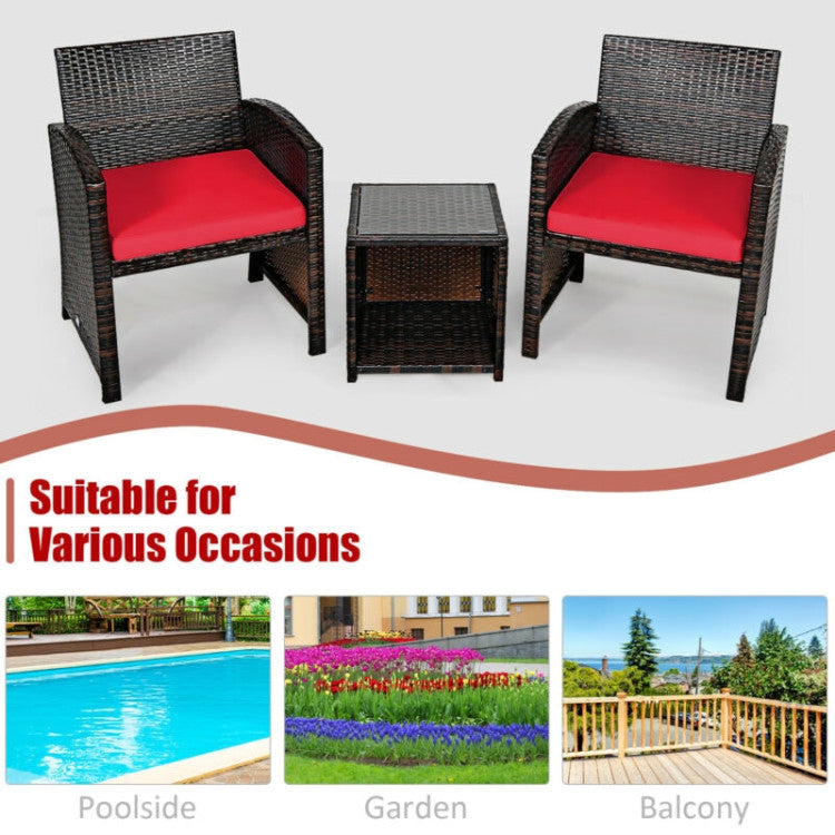 3-Piece PE Rattan Wicker Furniture Set with Cushion Sofa and Coffee Table