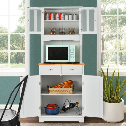 Kitchen Pantry Cabinet with Wood Top and Hutch