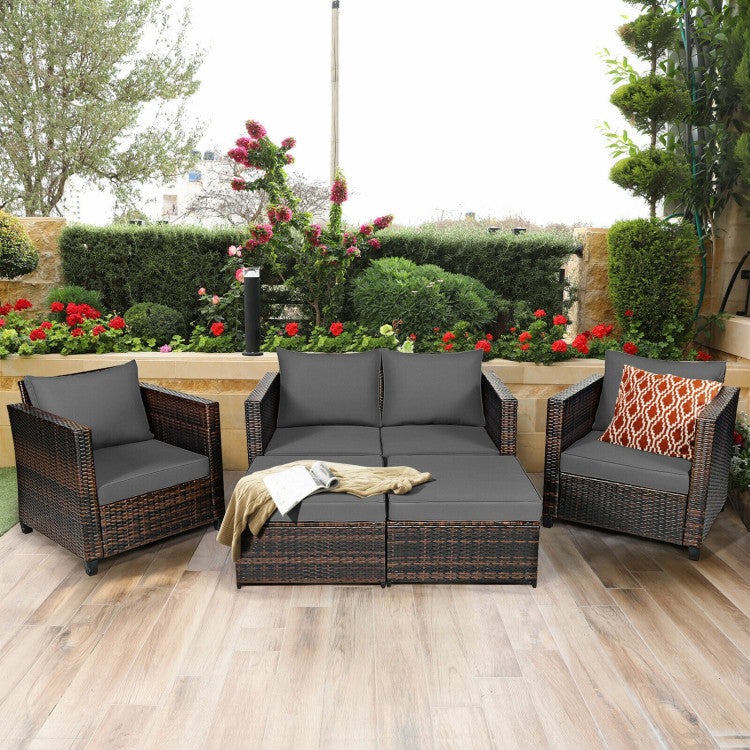 5 Pieces Patio Cushioned Rattan Furniture Set