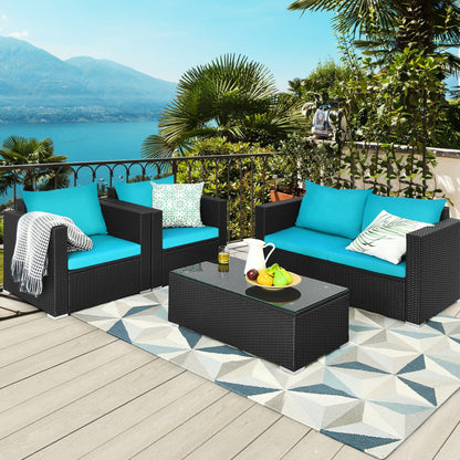 4-Piece Patio Rattan Conversation Set with Padded Cushion and Tempered Glass Coffee Table