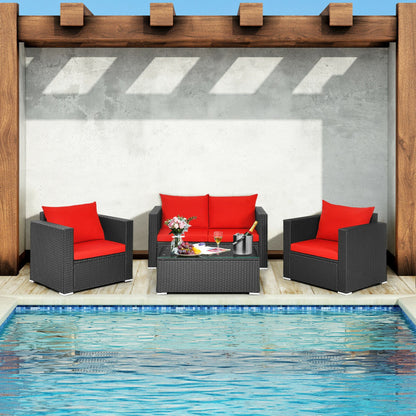 4-Piece Patio Rattan Conversation Set with Padded Cushion and Tempered Glass Coffee Table