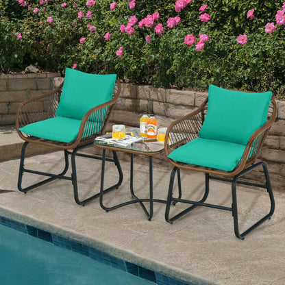 3-Piece Patio Rattan Bistro Set Cushioned Chair Glass Table Deck