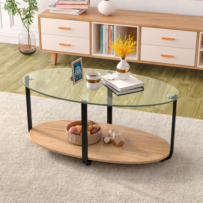 2-Tier Glass-Top Modern Coffee Table with Storage Shelf