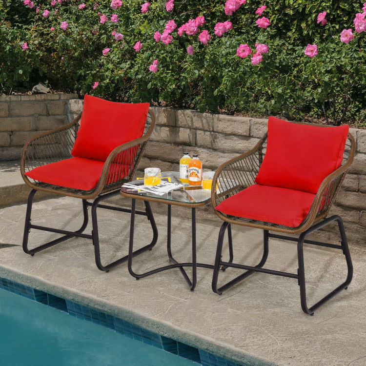 3-Piece Patio Rattan Bistro Set Cushioned Chair Glass Table Deck