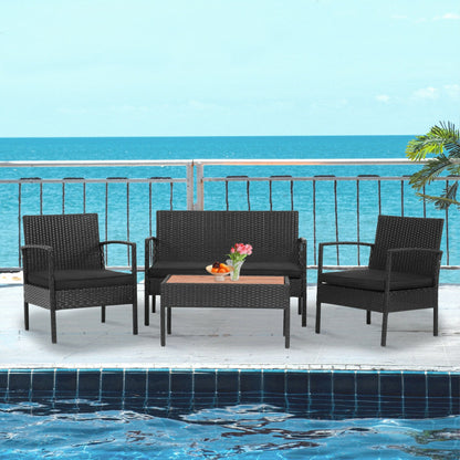 4-Piece Patio Rattan Furniture Set with Cushioned Chair and Wooden Tabletop