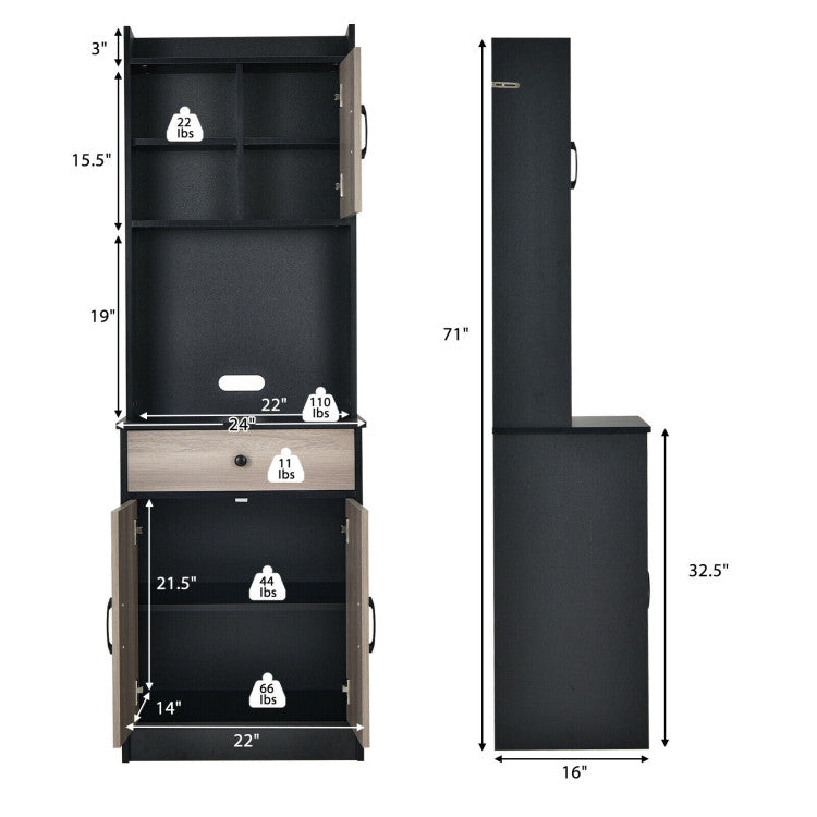 3-Door 71 Inch Kitchen Buffet Pantry Storage Cabinet with Hutch and Adjustable Shelf