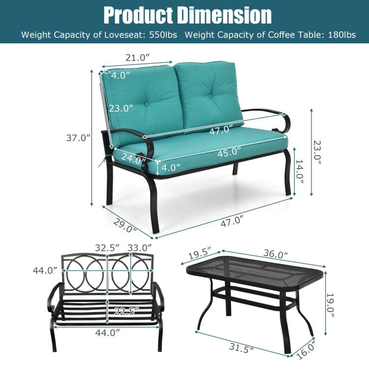 2 Piece Patio Cushioned Loveseat and Table Set