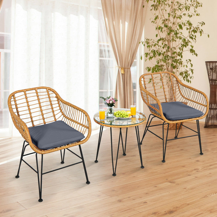 3-Piece Rattan Furniture Set with Cushioned Chair Table