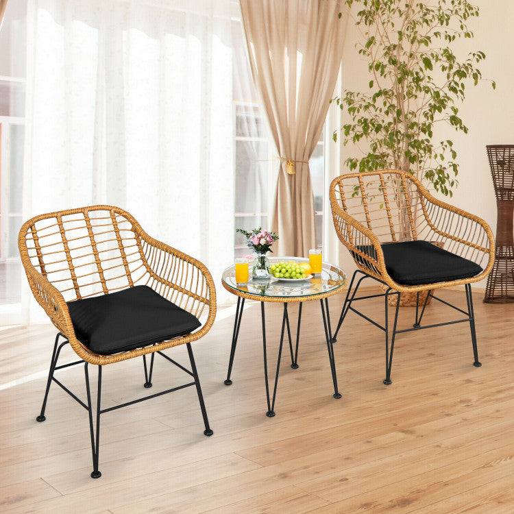 3-Piece Rattan Furniture Set with Cushioned Chair Table