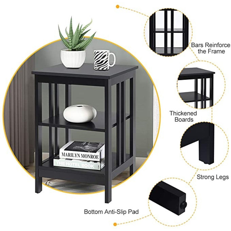 2 Pieces 3-Tier Nightstand with Reinforced Bars and Stable Structure