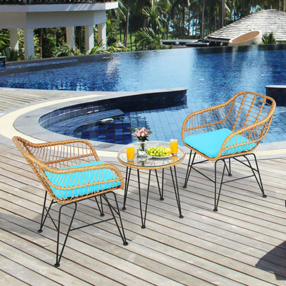 3-Piece Rattan Furniture Set with Cushioned Chair Table