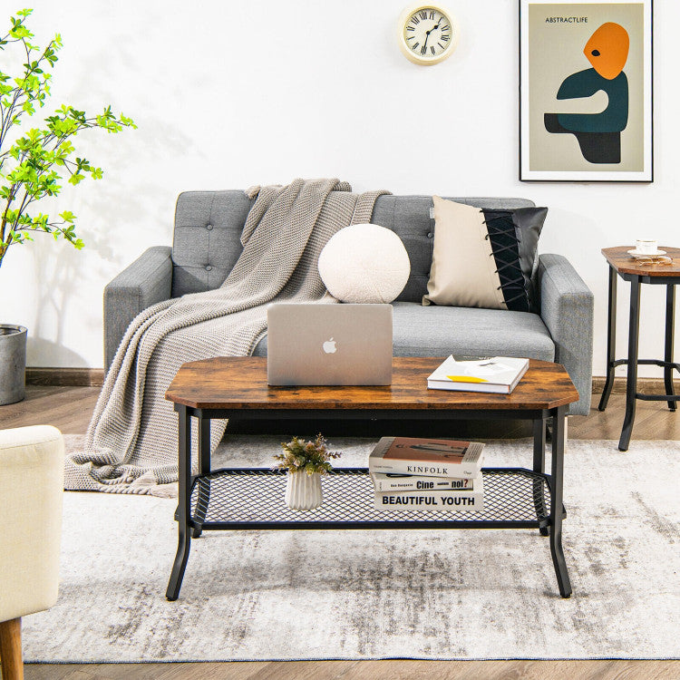 2-Tier Industrial Coffee Table with Open Mesh Storage Shelf for Living Room