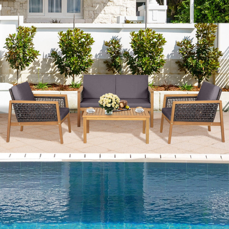 4-Piece Patio Rattan Furniture Set with Removable Cushions