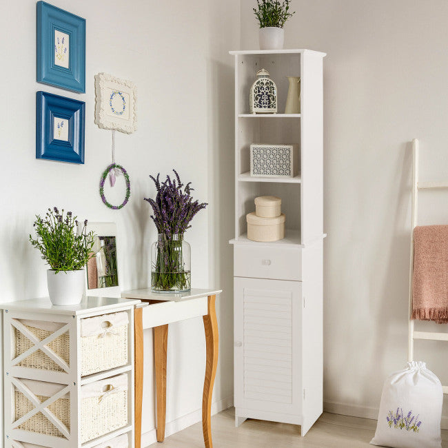 Bathroom Tall Freestanding Storage Cabinet with Open Shelves and Drawer