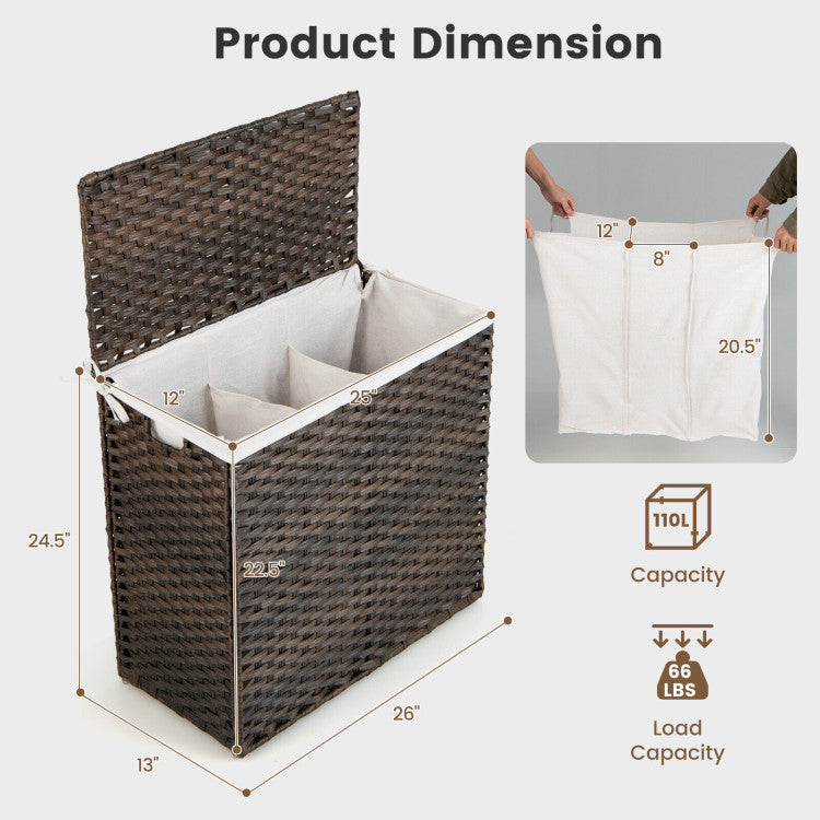 10L 3-Section Laundry Hamper with Liner Bag and Handle
