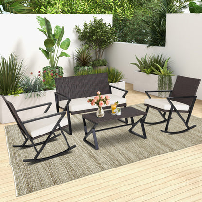4 Pieces Patio Rocking Furniture Set with Loveseat and Coffee Table