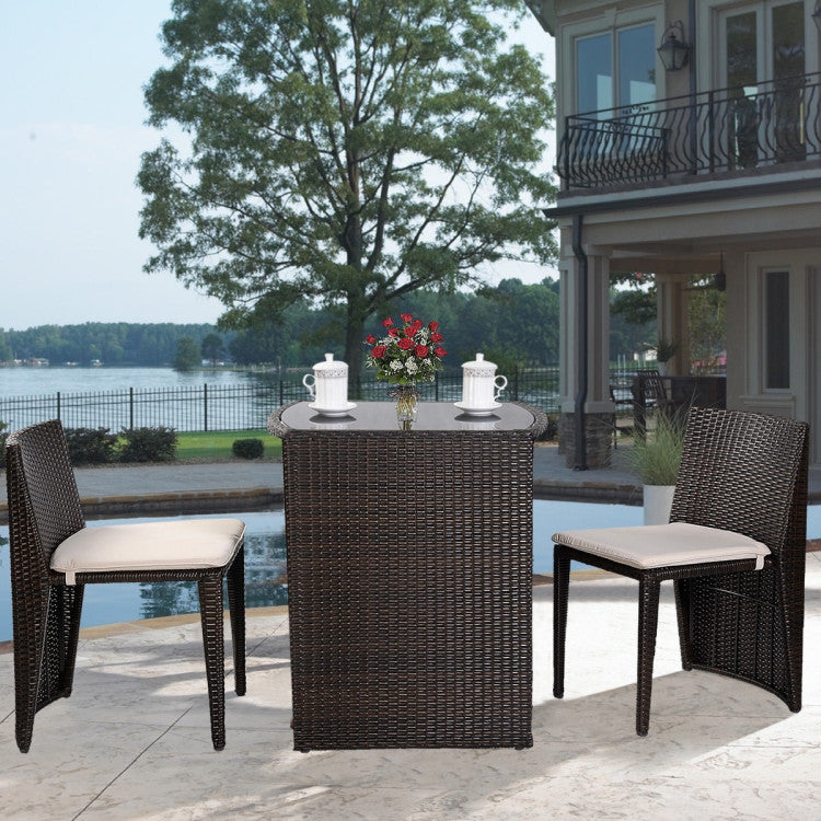 3-Piece Cushioned Wicker Patio Bistro Set