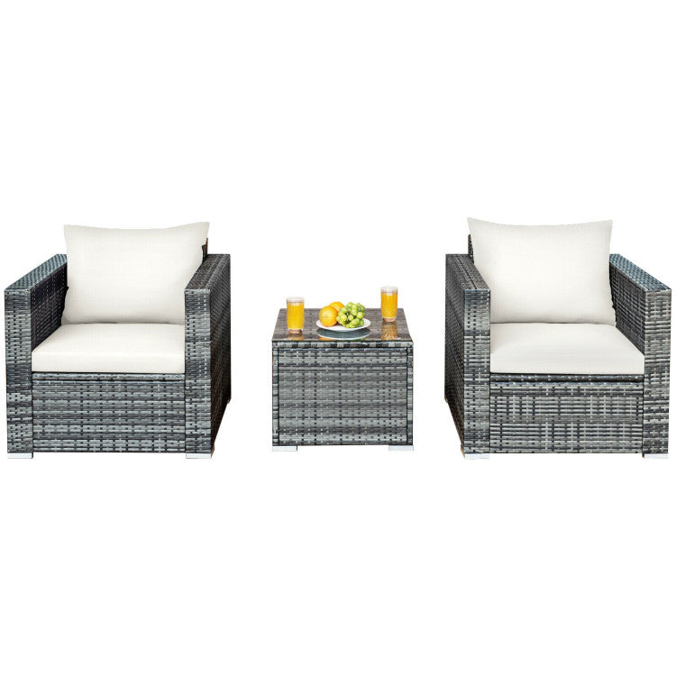 3-Piece Patio Rattan Furniture Bistro Sofa Set with Cushioned