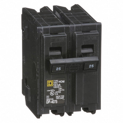 Miniature Circuit Breaker, 25 A, 120/240V AC, 2 Pole, Plug In Mounting Style, HOM Series