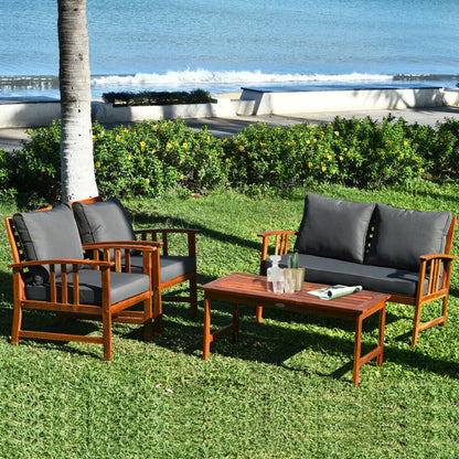 4-Piece Wooden Patio Sofa Chair Set with Cushion