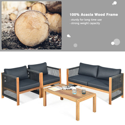 4-Piece Acacia Wood Sofa Set with Cushions for Outdoor Patio