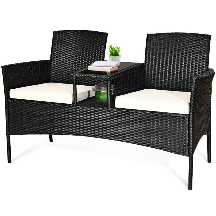 Wicker Patio Conversation Furniture Set with Removable Cushions and Table