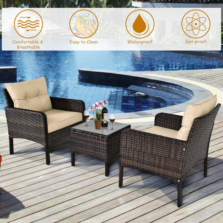 3-Piece Outdoor Patio Rattan Conversation Set with Seat Cushions