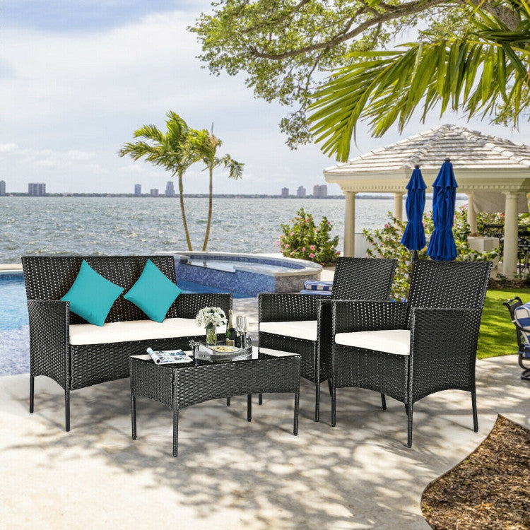 4-Piece Patio Rattan Cushioned Sofa Set with Tempered Glass Coffee Table