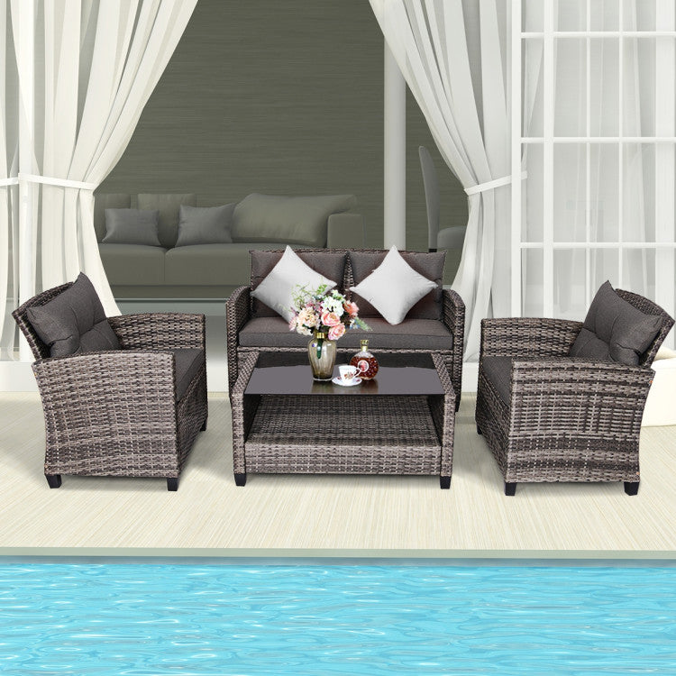 4-Piece Patio Rattan Furniture Set Coffee Table Cushioned Sofa