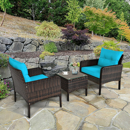 3-Piece Outdoor Patio Rattan Conversation Set with Seat Cushions