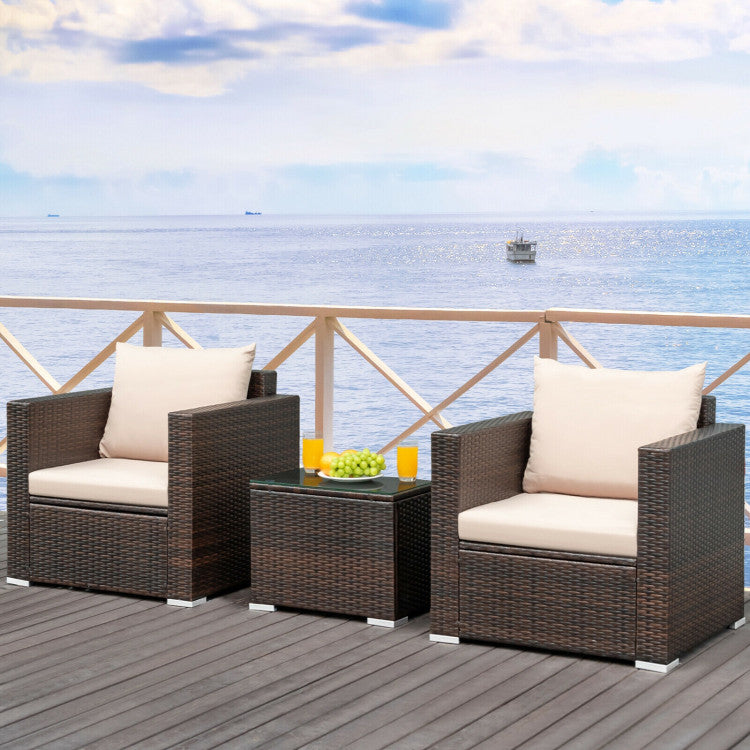 3-Piece Patio Conversation Rattan Furniture Set with Cushion