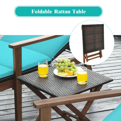 3-Piece Portable Patio Cushioned Rattan Lounge Chair Set with Folding Table