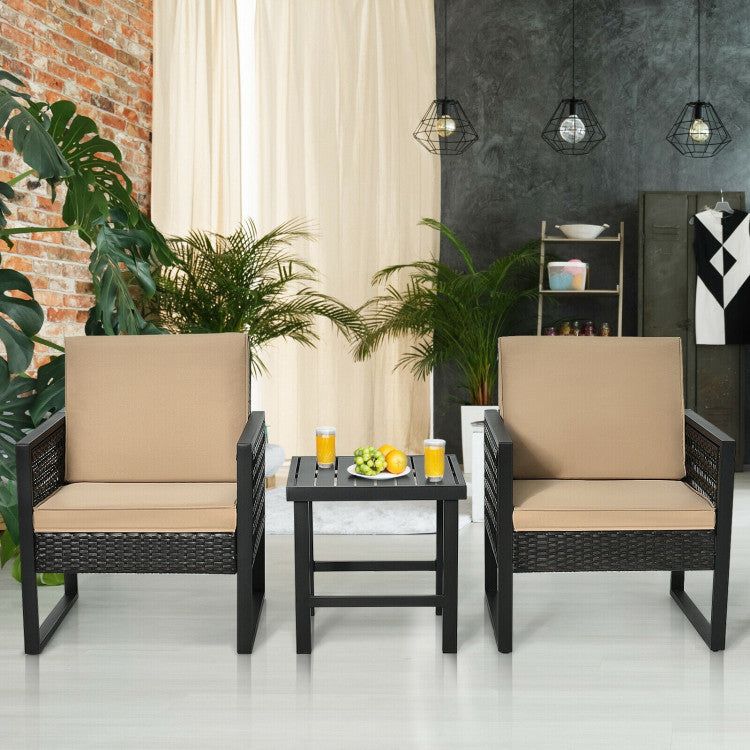 3-Piece Patio Rattan Bistro Cushioned Furniture Set