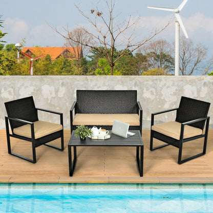 4-Piece Patio Rattan Furniture Set with Seat Cushions and Coffee Table