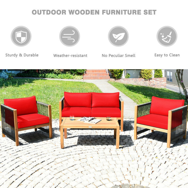 4-Piece Acacia Wood Sofa Set with Cushions for Outdoor Patio