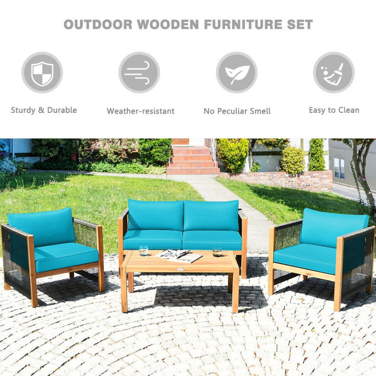 4-Piece Acacia Wood Sofa Set with Cushions for Outdoor Patio