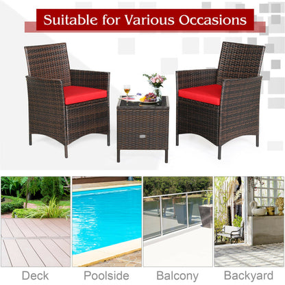 3-Piece Patio Rattan Furniture Set Cushioned Sofa and Glass Tabletop