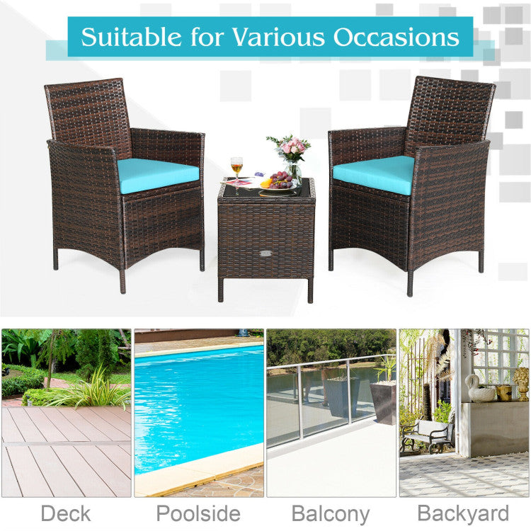 3-Piece Patio Rattan Furniture Set Cushioned Sofa and Glass Tabletop