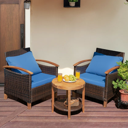 3-Piece Patio Rattan Furniture Set with Washable Cushion and Acacia Wood Tabletop