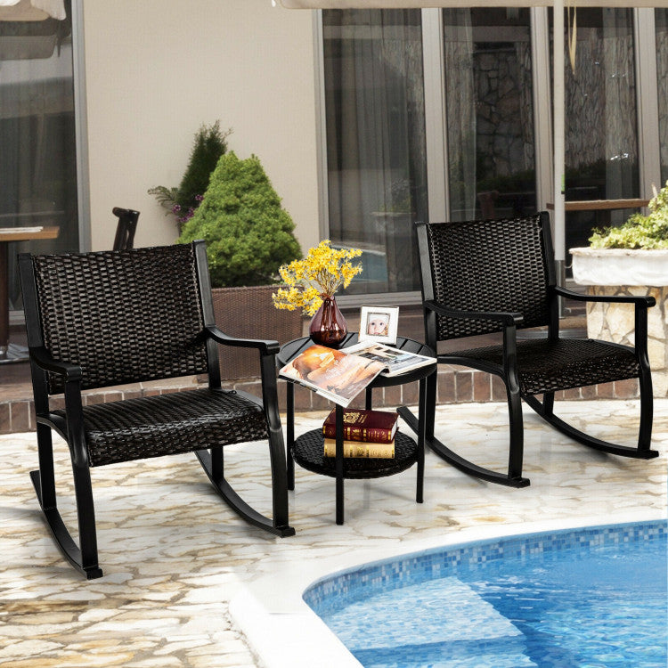 3-Piece Patio Rattan Furniture Set with Coffee Table and Rocking Chairs